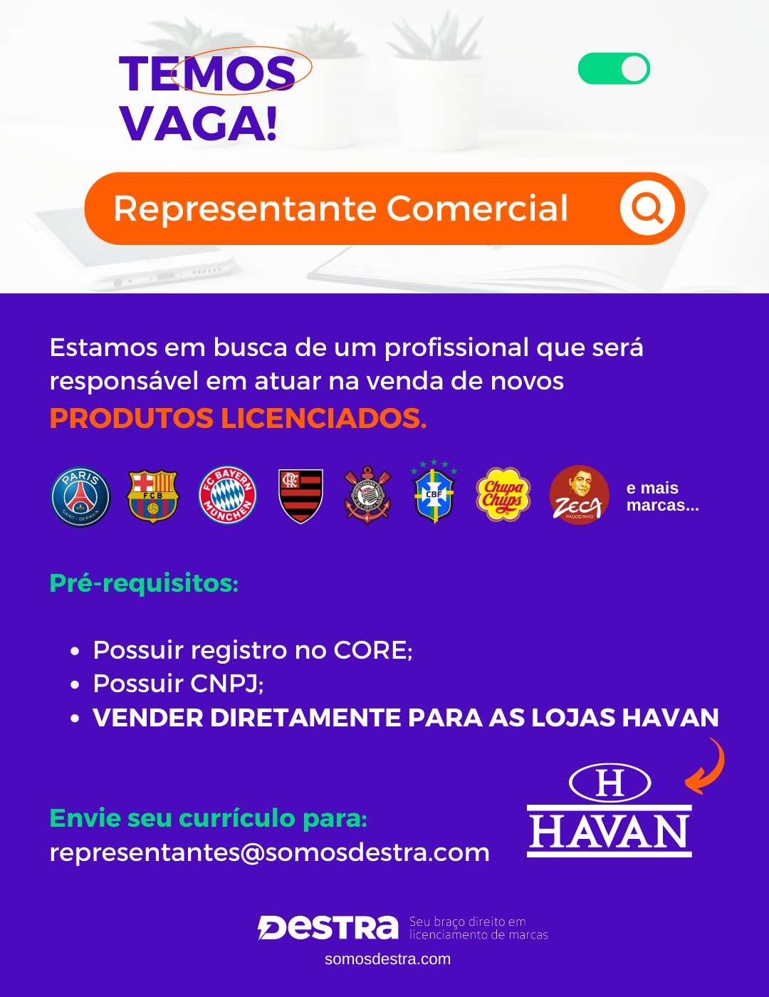 Anúncio representante comercial Destra